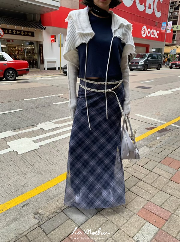復古格紋雪紡魚尾裙
